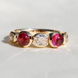 Golden Five Stone Round Cabochon & Cushion Cut White & Ruby Sapphire Half Eternity Wedding Band Ring