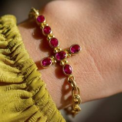Golden Cross Bezel Oval Cut Ruby Sapphire Vintage Tennis Bracelet For Women