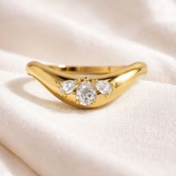 Golden Three Stone Pear Cut White Sapphire Wedding Band Ring