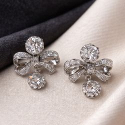 Bow Design Round Cut White Sapphire Drop Earrings