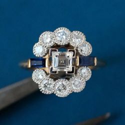 Two Tone Halo Asscher & Round Cut White & Blue Sapphire Engagement Ring