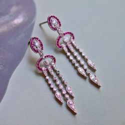 Tassel Round & Baguette Cut White & Ruby Sapphire Art Deco Drop Earrings