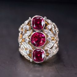 Two Tone Bezel Round & Cushion Cut Ruby & White Sapphire Vintage Engagement Ring
