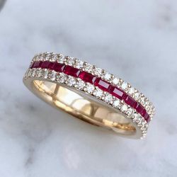 Golden Triple Row Round & Baguette Cut Ruby & White Sapphire Half Eternity Wedding Band