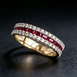 Golden Triple Row Round & Baguette Cut Ruby & White Sapphire Half Eternity Wedding Band