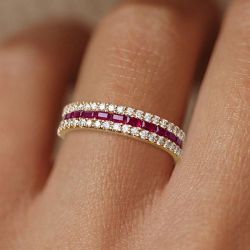 Golden Triple Row Round & Baguette Cut Ruby & White Sapphire Half Eternity Wedding Band