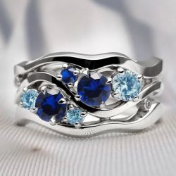 Fancy Round Cut Blue & Aquamarine Sapphire Wedding Band For Women