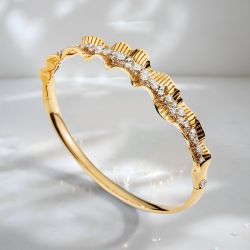 Golden Wave Design Round Cut White Sapphire Bangle Bracelet