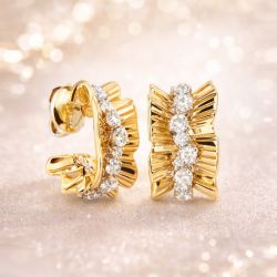 Golden Wave Design Round Cut White Sapphire Hoop Earrings