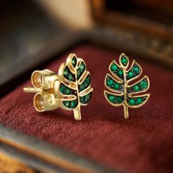 Two Tone Leaf Round Cut Emerald Sapphire Stud Earrings