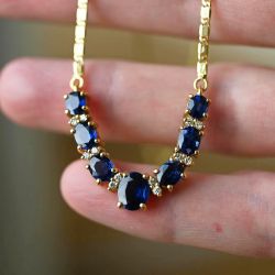 Golden Oval Cut Blue & White Sapphire Pendant Necklace