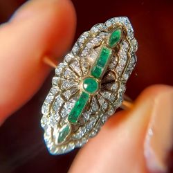 Two Tone Round & Asscher Cut Emerald & White Sapphire Art Deco Engagement Ring