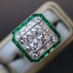 Milgrain Princess & Baguette Cut White & Emerald Sapphire Engagement Ring