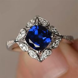 Halo Cushion Cut Blue & White Sapphire Vintage Engagement Ring