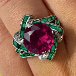 Split Shank Round & Baguette Cut Ruby & Emerald Sapphire Engagement Ring