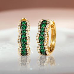 Two Tone Emerald & White Sapphire Round Cut Hoop Earrings