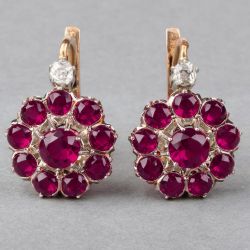 Two Tone Halo Round Cut Ruby & White Sapphire Drop Earrings For Women