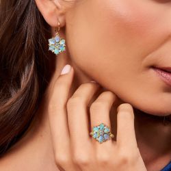 Golden Oval & Round Cut White Opal & Sapphire Drop Earrings & Engagement Ring Set