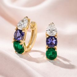 Golden Pear & Cushion & Oval Cut White & Purple & Emerald Sapphire Hoop Earrings