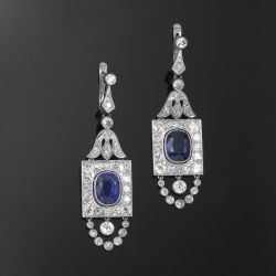 Halo Cushion & Round Cut Blue & White Sapphire Drop Earrings