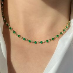 Golden Alternating Round Cut Emerald & White Sapphire Tennis Necklace