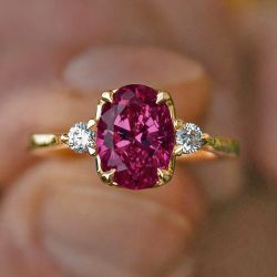 Three Stone Golden Oval Cut Ruby Sapphire Engagement Ring