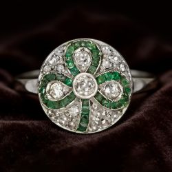 Clover Round & Baguette Cut White & Emerald Sapphire Engagement Ring
