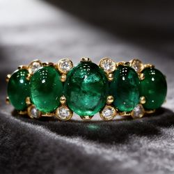 Golden Oval Cabochon Cut Emerald & White Sapphire Half Eternity Band