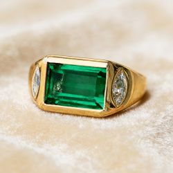 Three Stone Golden Emerald & Marquise Cut Emerald & White Sapphire Engagement Ring