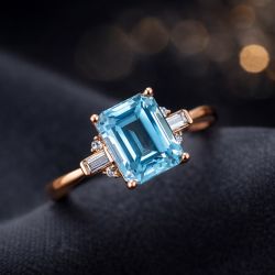 Rose Gold Emerald & Baguette Cut Aquamarine & White Sapphire Engagement Ring