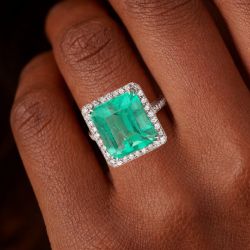 Halo Emerald Cut Emerald & White Sapphire Engagement Ring