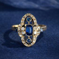 Golden Halo Cushion Cut Blue & White Sapphire Engagement Ring