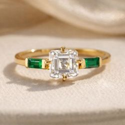 Golden Three Stone Asscher Cut White & Emerald Sapphire Stackable Engagement Ring