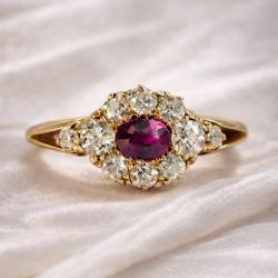 Golden Halo Oval & Round Cut Ruby & White Sapphire Vintage Engagement Ring
