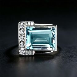 Nextearrings Unique Bezel Setting Emerald Cut Aquamarine & White Sapphire Engagement Ring