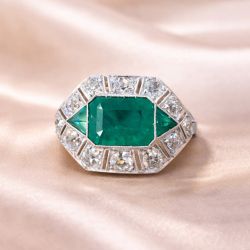 Halo Emerald Cut Emerald & White Sapphire Art Deco Engagement Ring