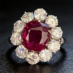 Halo Cushion & Round Cut Ruby & White Sapphire Engagement Ring