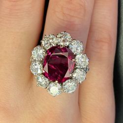 Halo Cushion & Round Cut Ruby & White Sapphire Engagement Ring
