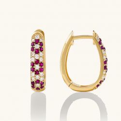 Golden Round Cut Ruby & White Sapphire Hoop Earrings For Women