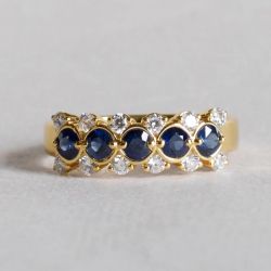 Triple Row Round Cut Blue & White Sapphire Half Eternity Wedding Band Ring