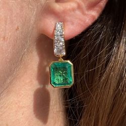 Golden Bezel Emerald & Round Cut Emerald & White Sapphire Drop Earrings