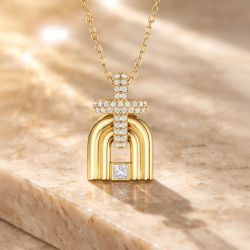 Golden Holy Door Princess & Round Cut White Sapphire Pendant Necklace