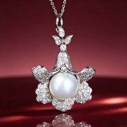 Art Deco Round Cut White Pearl & Sapphire Flower Pendant Necklace