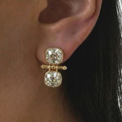 Golden Two Stone Cushion Cut White Sapphire Drop Earrings