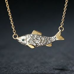 Two Tone Fish Round Cut White & Emerald Sapphire Pendant Necklace