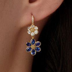 Golden Floral Oval & Round Cut Blue & White Sapphire Drop Earrings