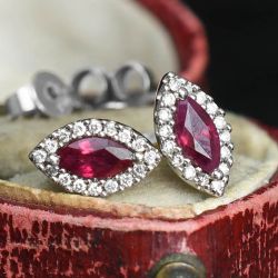 Halo Marquise & Round Cut Ruby & White Sapphire Stud Earrings