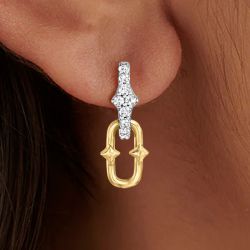 Two Tone Paper Clip Round Cut White Sapphire Drop Earrings