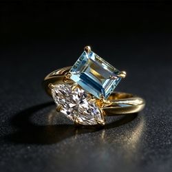 Golden Toi Et Moi Emerald & Marquise Cut Aquamarine & White Sapphire Engagement Ring