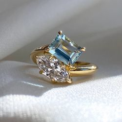 Golden Toi Et Moi Emerald & Marquise Cut Aquamarine & White Sapphire Engagement Ring